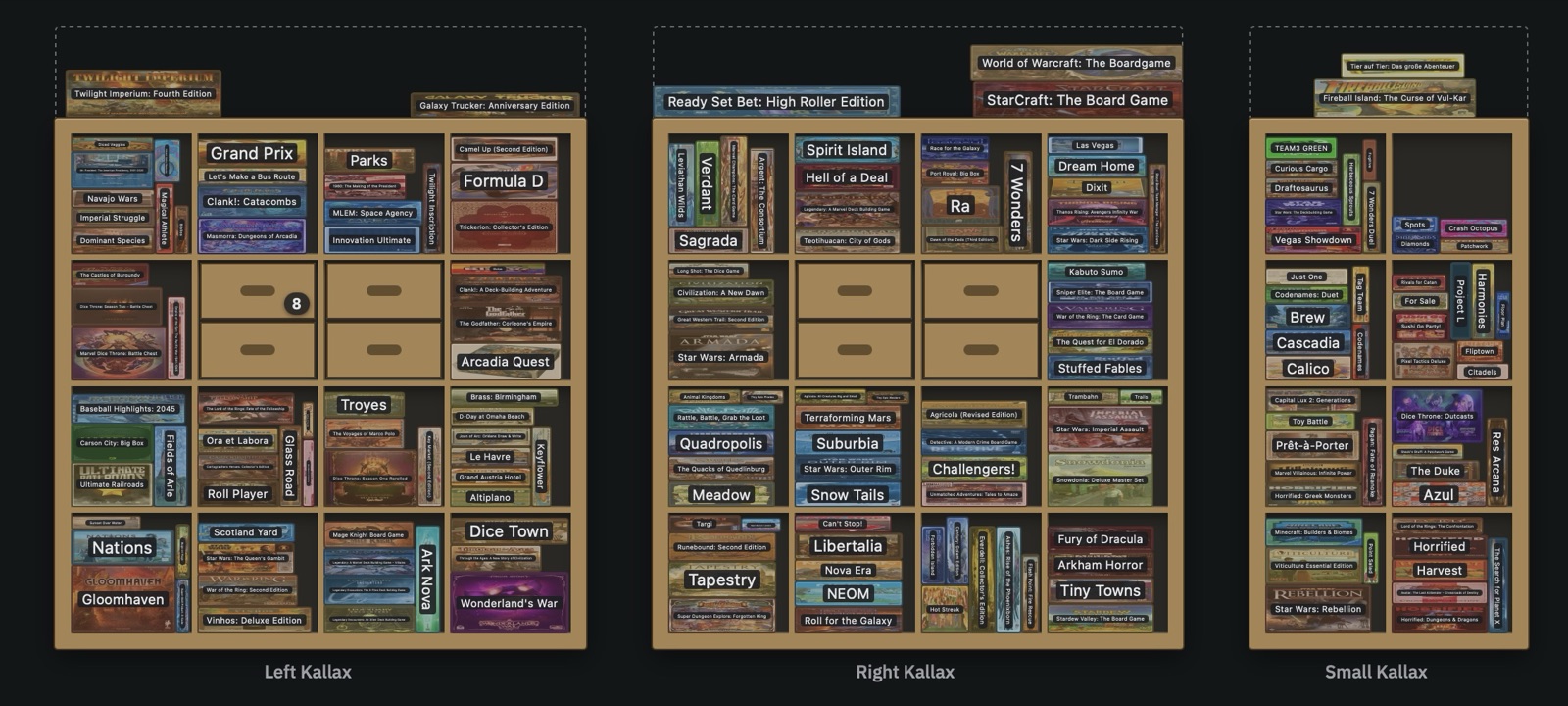 Three Kallax bookcases packed with board games by Shelfwright, box art on every spine, two cubbies with drawers and games on the tops